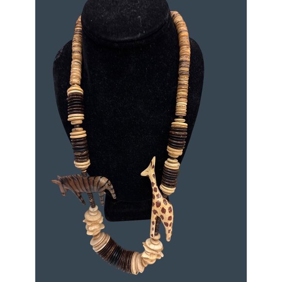 Handmade Wooden Beaded Necklace With Carved Giraffe & Zebra Pendants - Picture 1 of 15